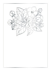 Template for invitations, weddings, postcards. Border rectangular frame with a bouquet of blossoming branches of cherry, apple, almond. Silver gradient on a white background. Place for your text.