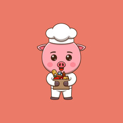 Cute pig chef holding cardboard box full food