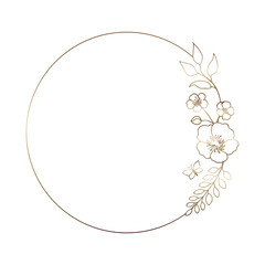 Elegant round floral frame with flowers, herbs and butterfly for festive decoration of cards, invitations. Vector hand drawn illustration.
