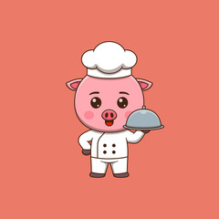 Cute pig chef holding restaurant cloche