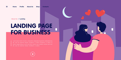 Couple in love admiring city at night. Flat vector illustration. Man and woman on romantic date, looking at city and moon in night sky. Romance, date, family, love, city concept for banner design