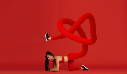Modern design, contemporary art collage. Inspiration, idea, trendy magazine style. Sport. Young girl, fitness coach training on red background.