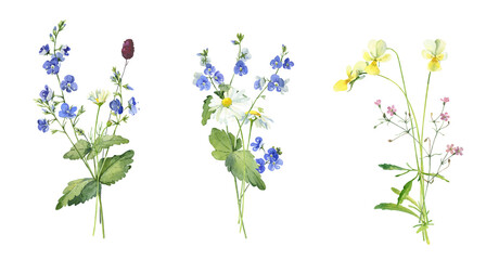 Three watercolor very small forest bouquets on a white background