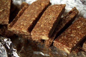 close up view of crunchy chocolate bars 