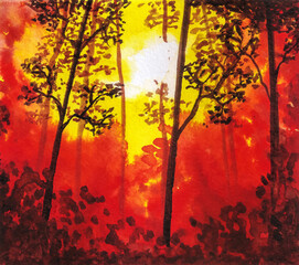 Obraz na płótnie Canvas Amateur watercolor drawing of an evening sunset in an autumn forest