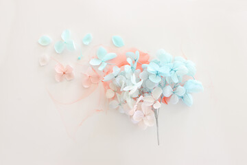 Creative image of pastel blue and pink Hydrangea flowers on artistic ink background. Top view with...