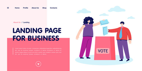 Man and woman voting. Happy characters throwing bulletins in special box. Making political decision. Voting concept for banner, website design or landing page