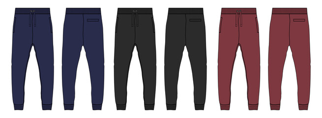 Black, Red, navy color Basic Sweat pant technical fashion flat sketch template front, back views. Apparel Fleece Cotton jogger pants vector illustration drawing mock up for kids and boys. - obrazy, fototapety, plakaty