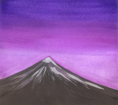 Amateur watercolor drawing of a snow-capped mountain against a lilac night sky