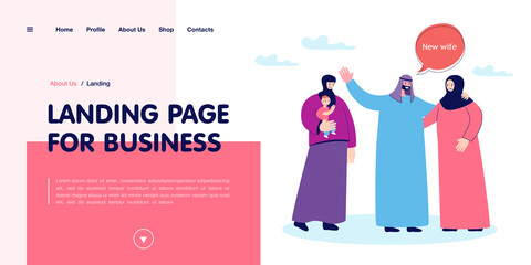 Muslim man welcoming new wife into his family. Flat vector illustration. Polygamous marriage, two women meeting new chosen one of their husband. Polygamy, marriage, family, patriarchy concept