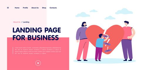 Divorced family getting back together. Man and woman holding pieces of broken heart, little boy trying to tape it with band-aids. Family reunion concept for banner, website design or landing web page