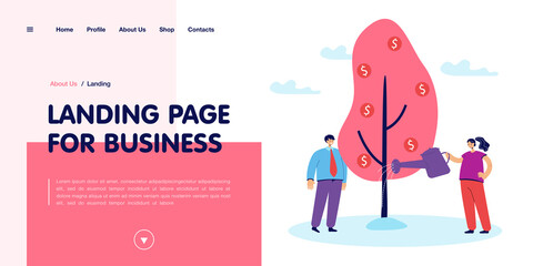 Happy couple watering money tree. Flat vector illustration. Woman holding waterpot, man standing near tree with currency symbols. Profit, wealth, financial wellbeing, money concept for banner design