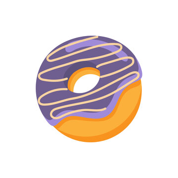 Donut vector illustration. Cute cartoon donut with purple  glaze and cream isolated on white background.