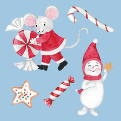 Christmas illustration, cute mouse with candy and funny snowman, candy cane and gingerbread.
