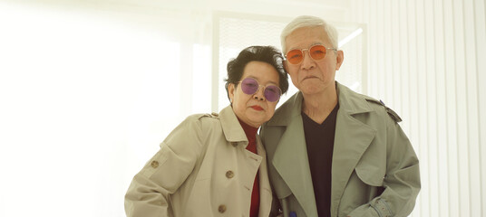 Asian eldery models in winter autumn fashion coat and jacket cool senior with happy lifestyle