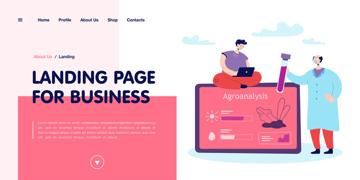 Cartoon tiny scientists doing agroanalysis. Flat vector illustration. Researchers making agrochemical soil analysis with giant test tube and magnifying glass. Soil science, agrology concept for design