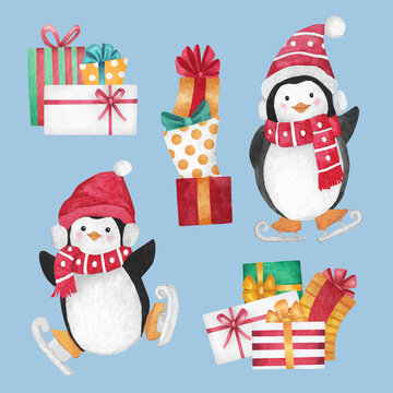 Christmas illustration, cute penguins skating and waving a hand, stack of gifts, gift boxes.