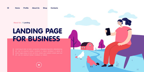 Woman in village, resting on bench with smartphone. Flat vector illustration. Girl looking into smartphone on background of farm, chickens, rural landscape. Technology, Internet, nomophobia, concept