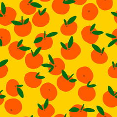 Hand drawn colorful seamless pattern with tangerines in naive style.
