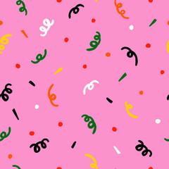 Festive hand drawn seamless vector pattern for wrapping paper. Colorful pattern with polka dot and confetti.