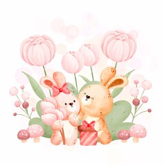 Watercolor cute couple rabbit and pink flowers in the garden 