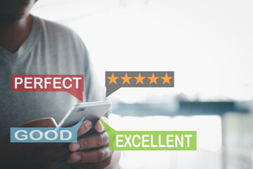 Man use smartphone over white background use for Customer satisfaction,survey,review,evaluation concept.