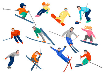 Fototapeta na wymiar Active people doing sport such as skate, skiing, snowboarding, curling. Male and female characters in different poses and winter equipment cartoon vector illustration set. Winter activities concept