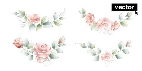 Vector watercolor flowers illustrations. Wreath elements. Set hand-drawn arrangements with pink roses, branches, and leaves.