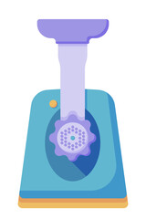Blue meat grinder for chopping meat, fish and vegetables for making minced meat cutlets in a flat style isolated on a white background. Vector illustration