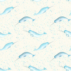 Watercolor blue teal narwhals seamless pattern background © Olga