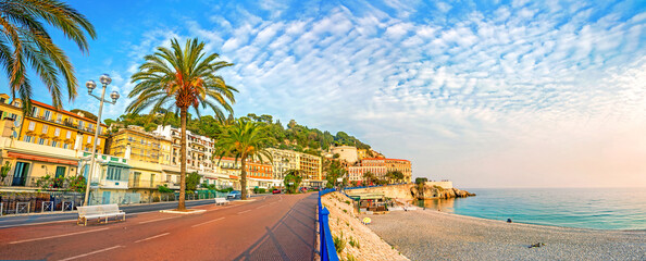 Promenade des Anglais in Nice at sunset. Cote d'Azur, French riviera, France