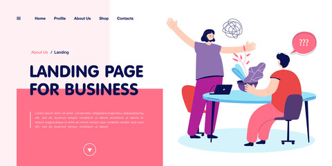 Angry woman swearing at surprised man. Flat vector illustration. Boss dissatisfied with work of subordinate, woman finding out relationship with man sitting at table. Conflict, quarrel, family concept