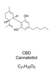 Cannabidiol, CBD, chemical formula and structure. One of the cannabinoids, and a major compound, found in cannabis sativa plants. It does not have the same psychoactivity as THC. Illustration. Vector.