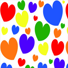 Seamless repeat pattern with hearts in LGBT colors. Colorful heart shapes. Transparent background. Use for valentine days cards, invitations, greetings, posters, banners. Vector illustration, eps 10.