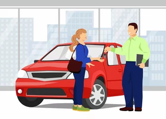 Poster Car showroom. Seller man gives the girl the keys to a new car. Red car and city landscape in the background. Buying, selling or renting a car. Vector illustration in flat style © Маруся Палкина