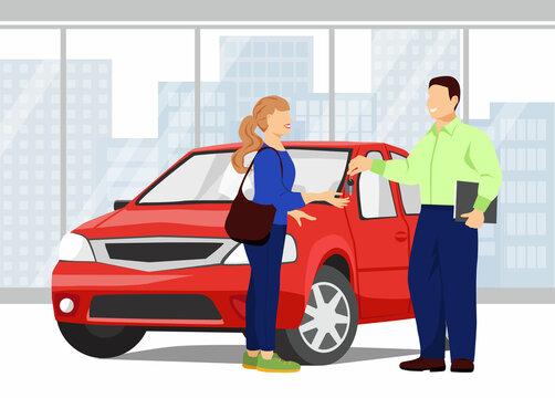 Car showroom. Seller man gives the girl the keys to a new car. Red car and city landscape in the background. Buying, selling or renting a car. Vector illustration in flat style