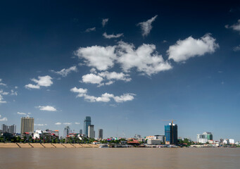 Phnom Penh city riverside skyline modern buildings in Cambodia