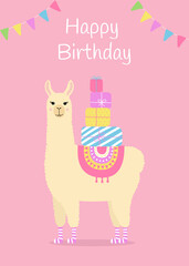Happy birthday greeting card with cute llama. Funny alpaca with birthday gifts. Template for nursery design, poster, birthday card, invitation, baby shower and party decor.