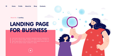 Mother and daughter inflating air bubbles. Woman and girl playing together, happy family time together. Child smiling. Family bounding concept for banner, website design or landing page