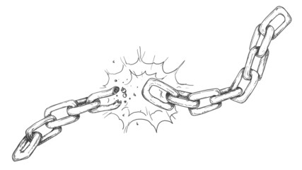 Breaking chain, breaking links, hand drawn black white line fine art illustration of  swinging chain strains and links