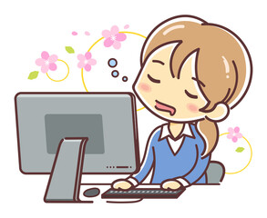 仕事中にパソコンをしながら居眠りする会社員の女性のイラスト（春 春眠 PC デスク 寝る 眠い）