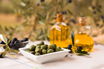 green ripe olives, olive oil in a glass traditional bottle on a table in an olive garden