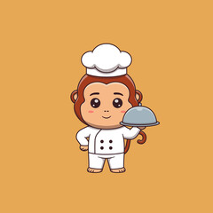 Cute monkey chef holding restaurant cloche
