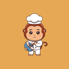 Cute monkey chef with whisk and mixing bowl