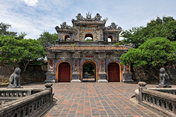 Fototapeta premium Colorful imperial city gate. This is lead into the forbidden city where the feudal king work Imperial Royal was in the 19th century in Hue, Vietnam