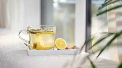 Cup of herbal tea with lemon