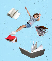 Contemporary art collage with little boy, child falling into book world isolated over blue background