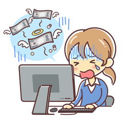 パソコンでお金が減ったことを確認して泣き叫ぶ女性のイラスト（お金が飛んで行く）
