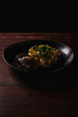 Delicious Pizza Burger Classic Homemade Tomato Sauce Sausage Cheese Onion Chicken Meat Pasta Shrimp Restaurant Menu Gourmet on a wooden table