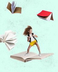 Contemporary art collage of child, girl flying on open book isolated over mint background